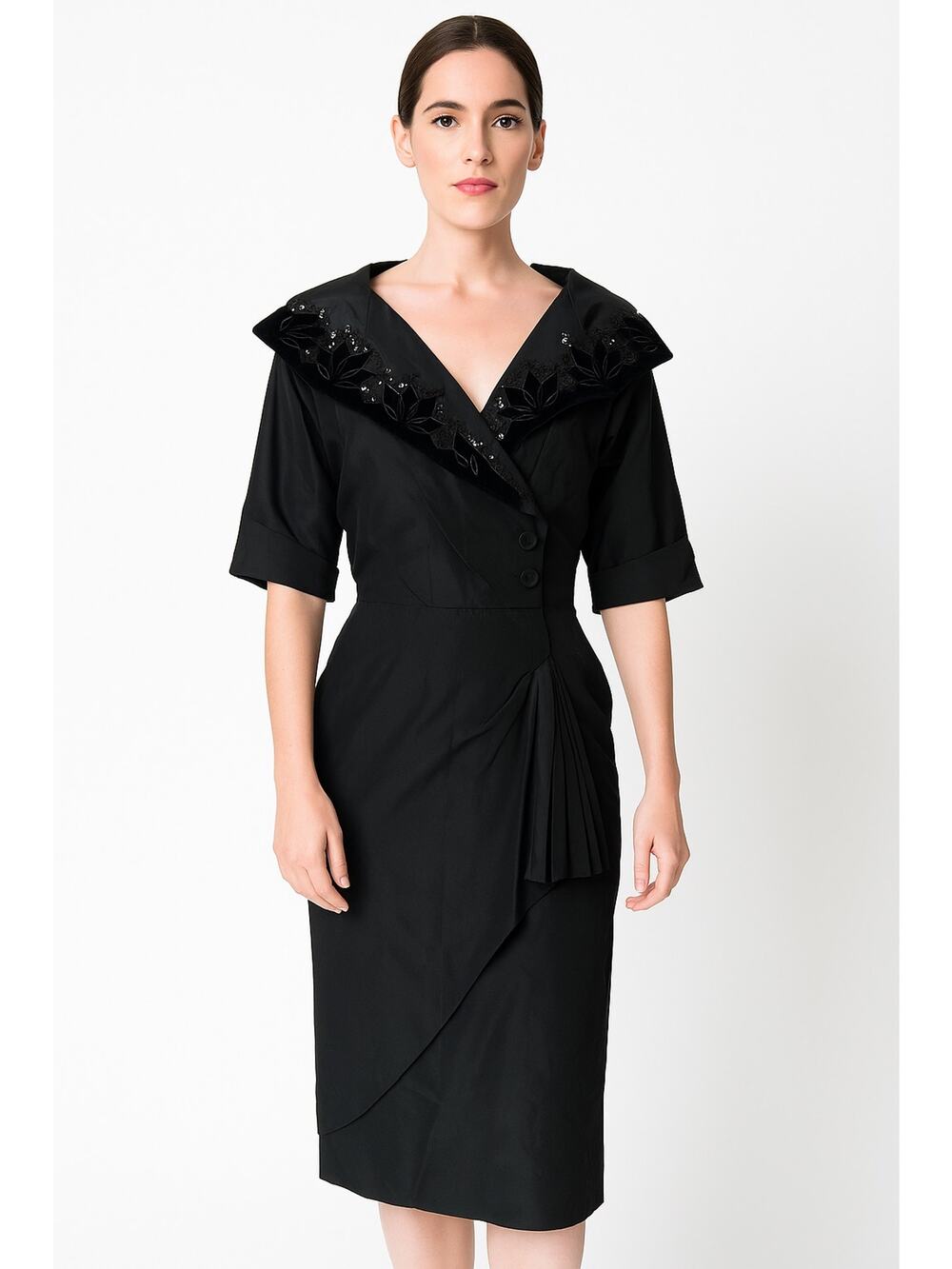 Vintage 1950s Black Cocktail belted Dress w/ Velvet Sequin Collar medium